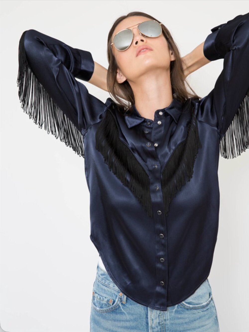 Ganni Donnelly Fringed Satin Shirt Size 6/M/DK 38